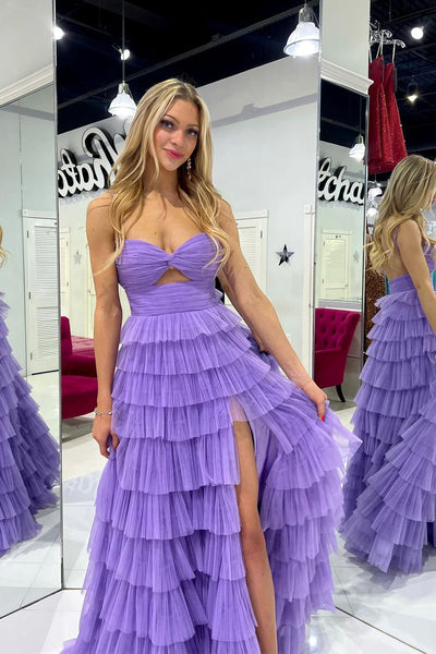 Sweetheart Keyhole Lilac Ruffle Tulle Long Prom Dress with Slit AB4041201