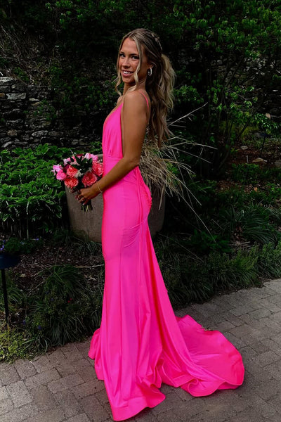 Charming Mermaid V Neck Pink Elastic Satin Prom Dress with Slit AB25060504