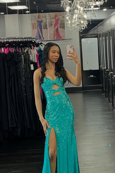 Charming Mermaid Sweetheart Keyhole Aqua Hot Fix Satin Prom Dress AB26020305