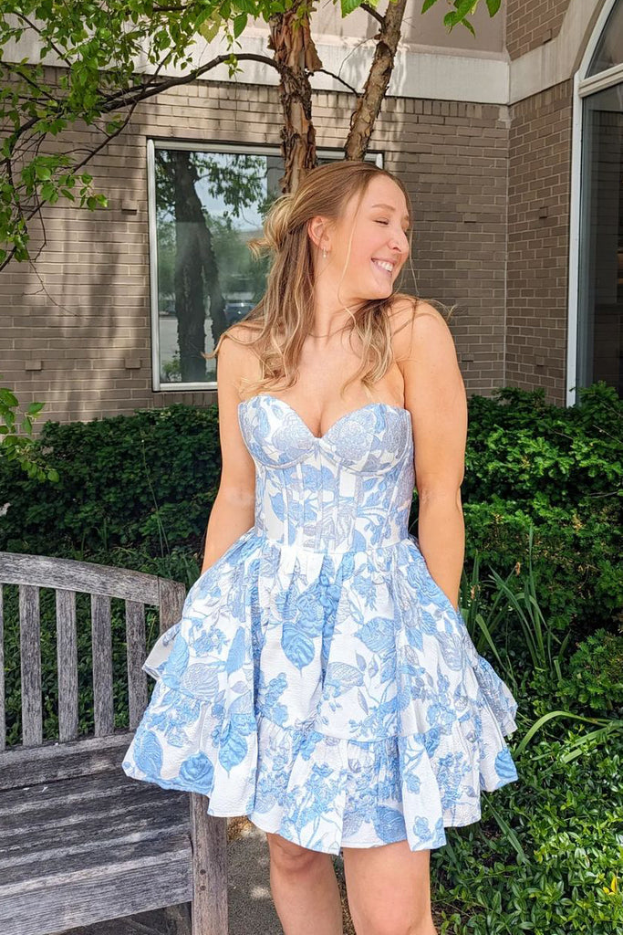 Cute A-Line Sweetheart Blue Jacquard Satin Short Homecoming Dresses AB4052107 Anniebride Cute A-Line Sweetheart Blue Jacquard Satin Short Homecoming Dresses AB4052107 Anniebride