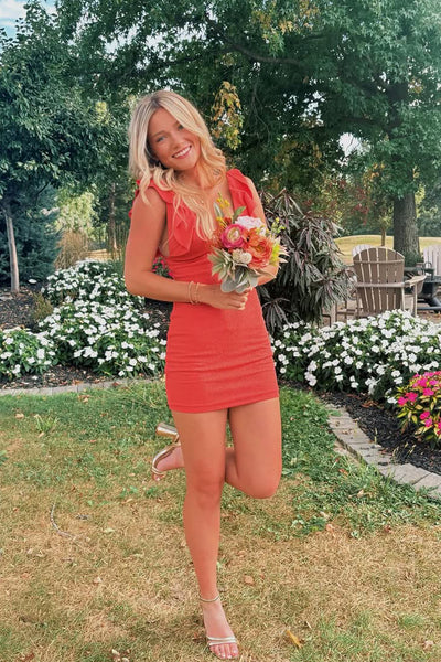 Cute Bodycon V Neck Red Satin Short Homecoming Dress AB25092903