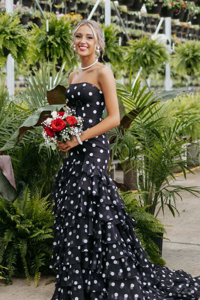 Mermaid Strapless Black White Dot Chiffon Prom Dress with Slit AB26042105