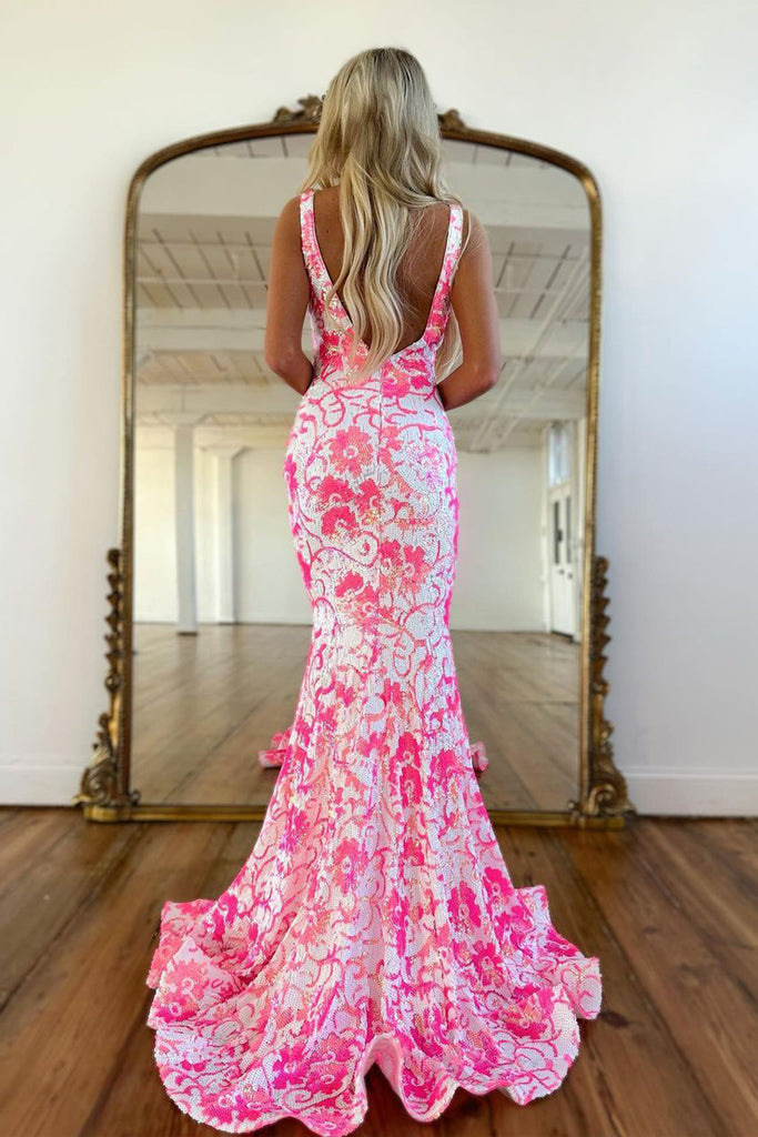 Gorgeous Mermaid V Neck Pink White Sequins Long Prom Dress AB120501 – Anniebride