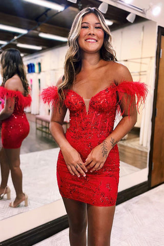 Cute Bodycon Off the Shoulder Red Lace Homecoming Dresses with Beaeded AB090902