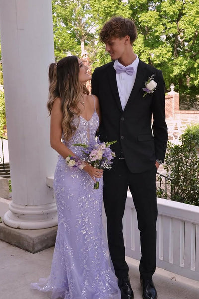 Cute Mermaid V Neck Lavender Sequins Lace Prom Dress AB0505302