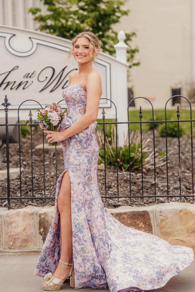 Cute Mermaid Strapless Lavender Jacquard Satin Prom Dress with Slit AB26050703