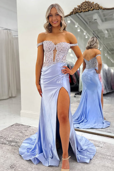 Charming Mermaid Off the Shoulder Blue Satin Long Prom Dresses with Appliques AB25050209