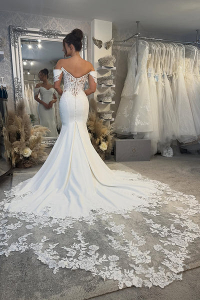 Off the Shoulder Mermaid Elastic Satin Wedding Dress with Appliques AB26060812