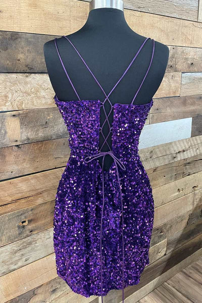 Cute Bodycon V Neck Purple Sequins Short Homecoming Dresses with Lace-up ABHC061849