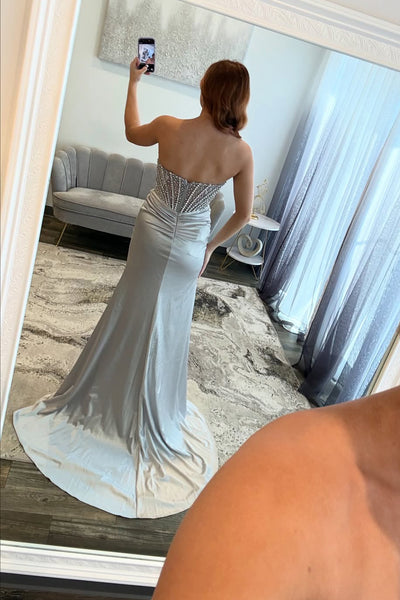 Charming Mermaid Sweetheart Silver Satin Prom Dress with Beading AB25112205