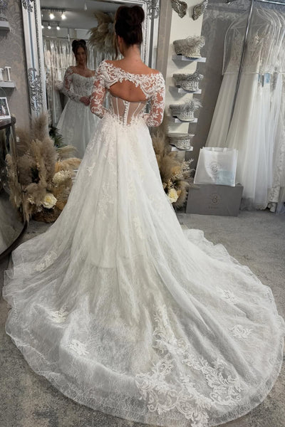 Elegant A Line Off the Shoulder Lace Tulle Wedding Dress with Long Sleeves AB26010403