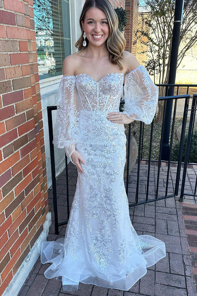 Cute Mermaid Sweetheart White Lace Long Prom Dresses AB112202
