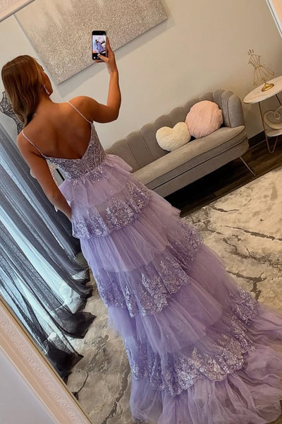 Cute A Line V Neck Lavender Tulle Prom Dress with Slit AB26040104