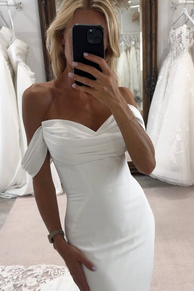 Elegant Off the Shoulder Mermaid Elasitc Satin Wedding Dress with Appliques AB26022401