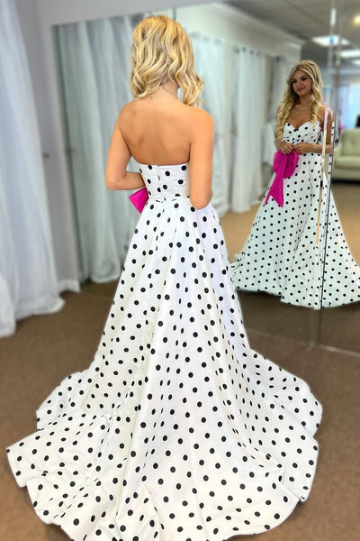 New Arrvial A Line Sweetheart White Black Dot Satin Long Prom Dress with Bow AB25100703