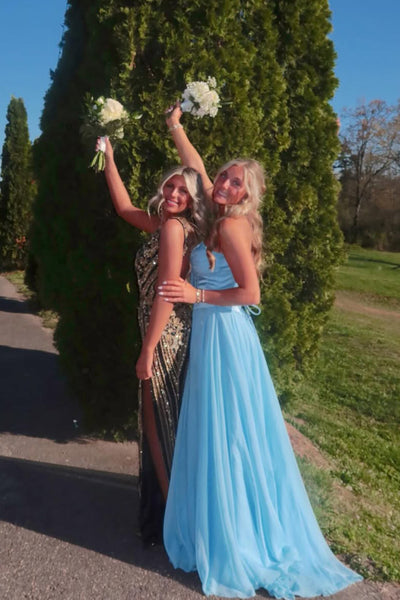 Cute A Line Strapless Light Blue Chiffon Prom Dress with Bow AB26040508