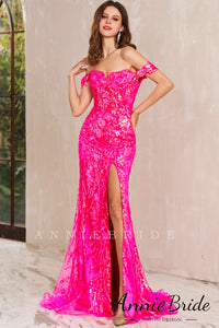 Cute Mermaid Off the Shoulder Hot Pink Lace Sequins Prom Dress with Slit AB4010705