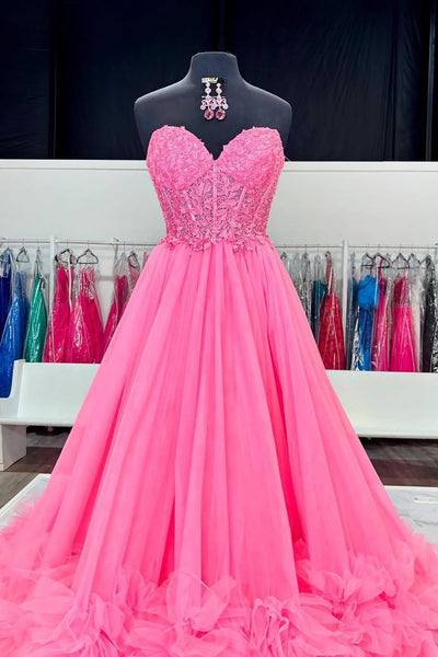 Cute A Line Sweetheart Pink Tulle Long Prom Dress with Appliques AB25101005