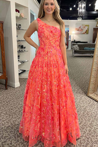 A Line One Shoulder Coral Sequins Long Prom Dress AB26102905