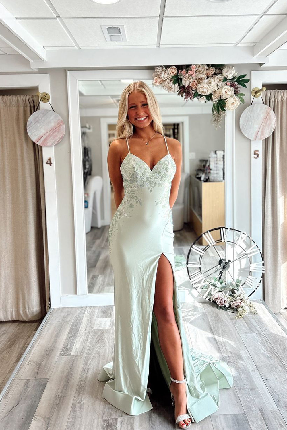Cute Mermaid V Neck Light Green Satin Long Prom Dress with Beading AB24120408