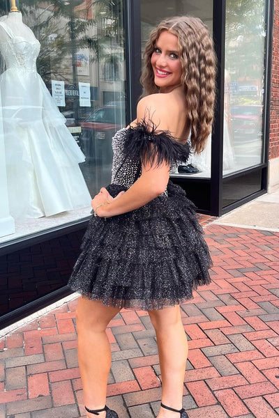 Cute Bodycon Off the Shoulder Black Sparkly Tulle Short Homecoming Dresses with Beading AB092409