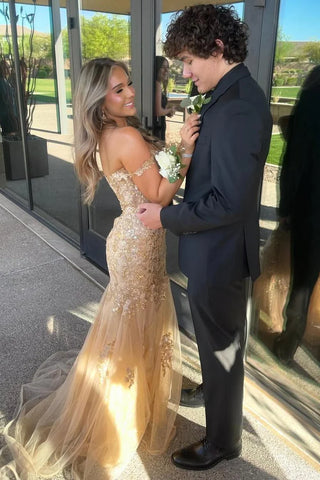 Cute Mermaid Off the Shoulder Champagne Tulle Prom Dress with Appliques AB25010706
