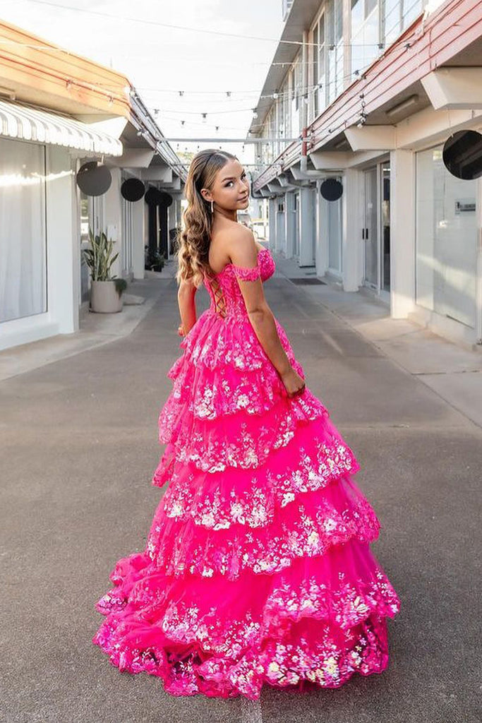 Sparkly Ball Gown Sweetheart Hot Pink Sequins Tiered Prom Dresses AB24070301 Anniebride Sparkly Ball Gown Sweetheart Hot Pink Sequins Tiered Prom Dresses AB24070301 Anniebride