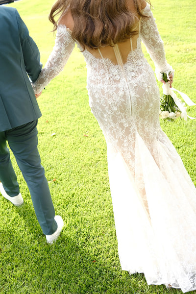 Boho Mermaid Off the Shoulder Lace Wedding Dress with Long Sleeves AB26101606