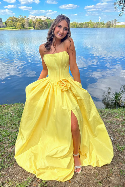 A Line Strapless Yellow Satin Slit Prom Dress with Slit AB26033010