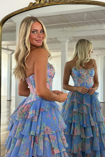 Cute A Line Strapless Dusty Blue Floral Chiffon Tiered Prom Dress with Beading AB25102901