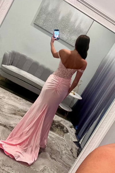 Charming Mermaid Off the Shoulder Pink Satin Prom Dress AB26011011