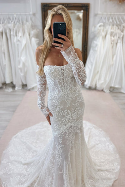 Gorgeous Mermaid Off the Shoulder Long Sleeves Lace Wedding Dress AB25112402