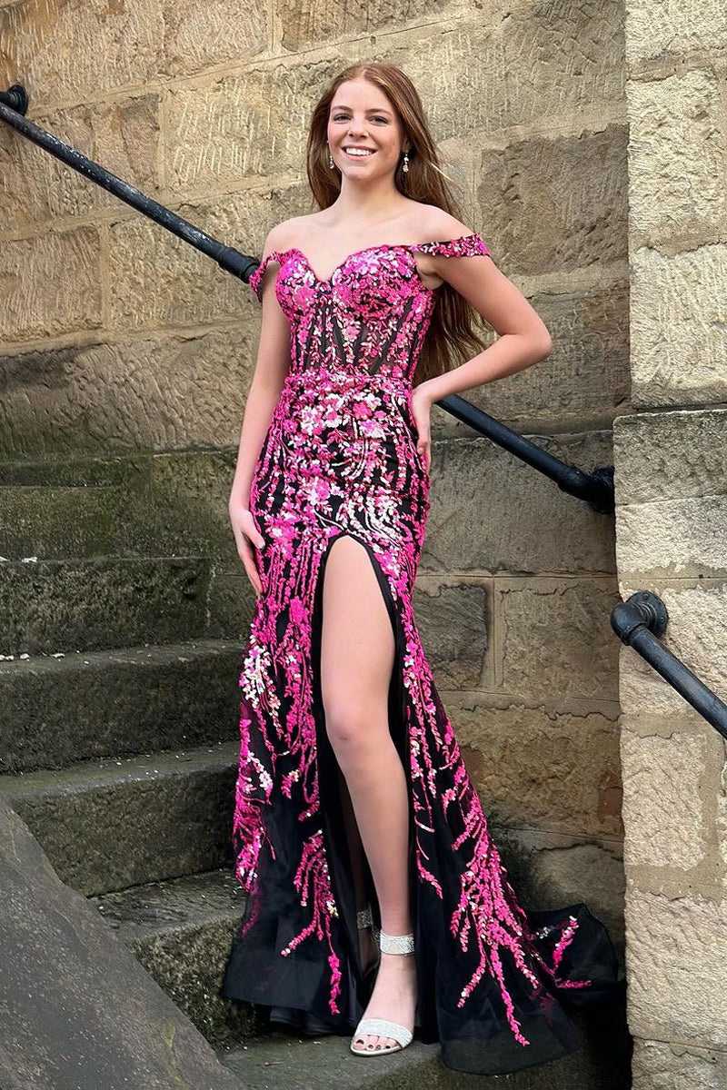 Charming Mermaid Off the Shoulder Pink Sequins Lace Prom Dress with Slit AB4012601