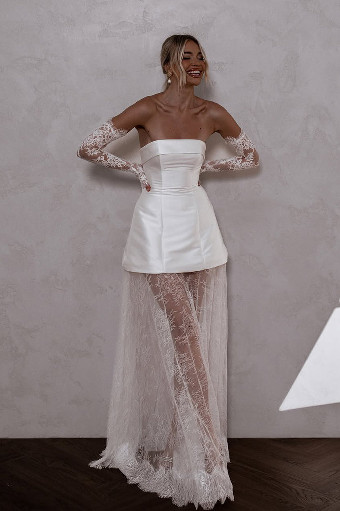 Fairy Sheath Strapless White Satin Short Wedding Dress with Lace AB24121906 Anniebride Fairy Sheath Strapless White Satin Short Wedding Dress with Lace AB24121906 Anniebride
