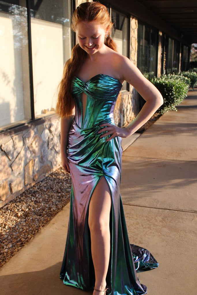 Cute Mermaid Sweetheart Green Metallic Satin Slit Prom Dresses AB24120608 Cute Mermaid Sweetheart Green Metallic Satin Slit Prom Dresses AB24120608