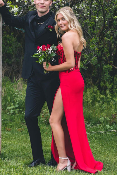 Charming Mermaid Sweetheart Red Sequins Long Prom Dresses with Side Slit AB061815