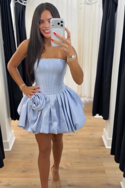 A Line Strapless Blue Satin Homecoming Dress AB26063005