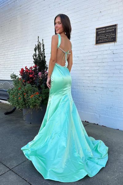 Mermaid Square Neck Mint Satin Long Prom Dress with Beading AB26031908