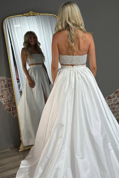 Ball Gown Strapless Two Piece Satin Slit Prom Dress with Beading AB05052904