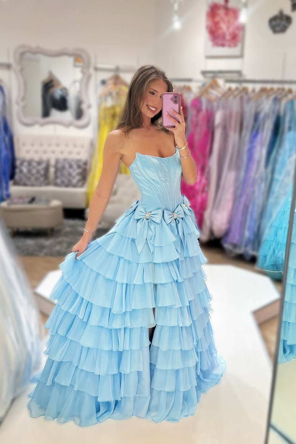 A Line Scoop Neck Light BlueTiered Chiffon Prom Dress with Bow AB25111002