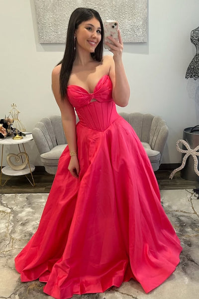 Gorgeous A Line Strapless Red Satin Long Prom Dress AB26012507