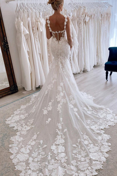 Charming Mermaid V Neck Tulle Long Wedding Dresses with Appliques ABWD061818