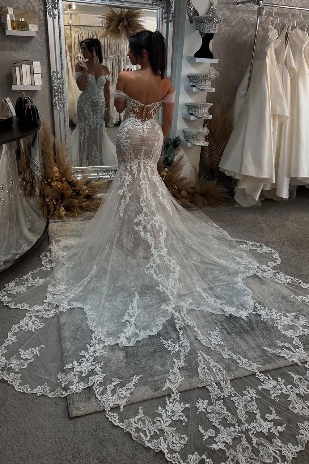 Elegant Mermaid Off the Shoulder Lace Wedding Dresses with Train AB25050201
