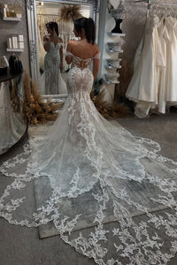 Elegant Mermaid Off the Shoulder Lace Wedding Dresses with Train AB25050201
