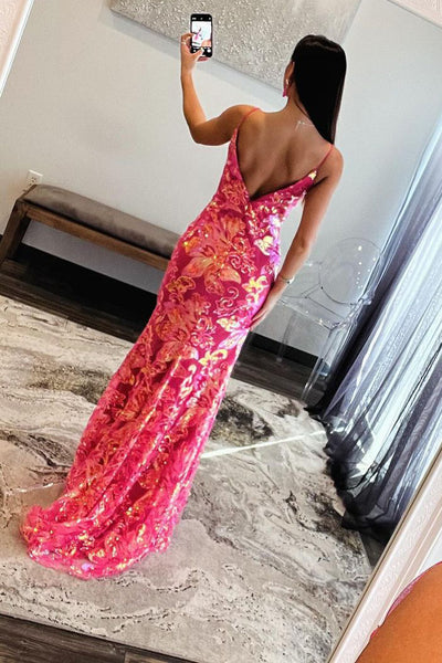 Stunning Mermaid Fuchsia V Neck Sequins Long Prom Dress AB4032504