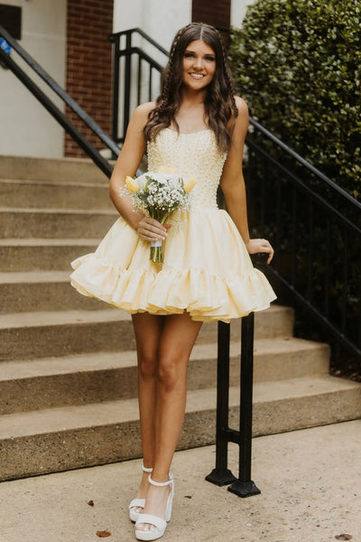 Cute A Line Scoop Neck Daffodial Tulle Homecoming Dress with Beading AB25090801