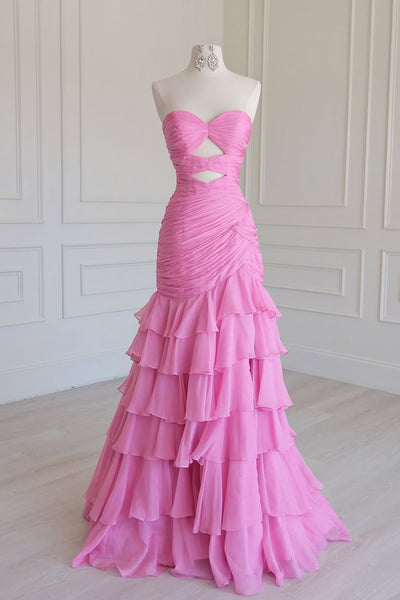Cute Mermaid Sweetheart Pink Chiffon Tiered Long Prom Dress with Slit AB26020502