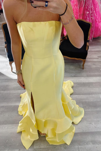 Cute Mermaid Strapless Yellow Satin Tiered Prom Dress with Slit AB25010902