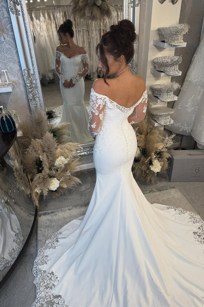 Elegant Mermaid Off the Shoulder Satin Prom Dress with Appliques AB25111806