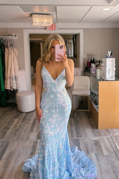 Cute Mermaid V Neck Sequin Lace Prom Dress AB26032806
